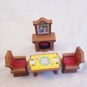 Keenway My Happy Family Dollhouse Furniture: Table, Chairs, Mantle Fireplace